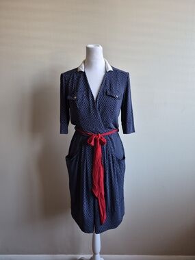 VDP Navy Midi Dress with Hearts and Red Sash